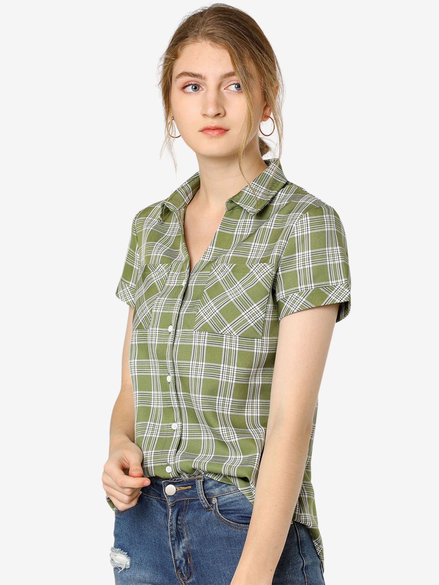 Allegra K Cotton Classic Button Down Plaid Short Sleeve Shirt