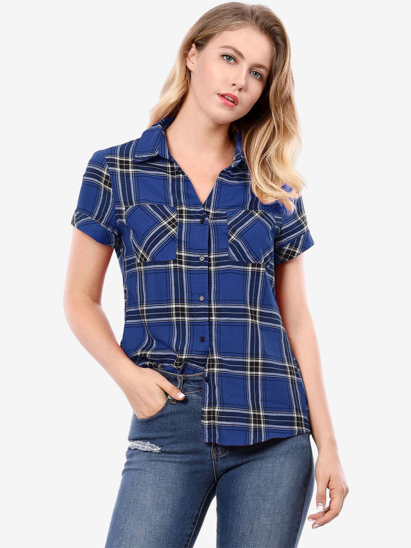 Allegra K Cotton Classic Button Down Plaid Short Sleeve Shirt