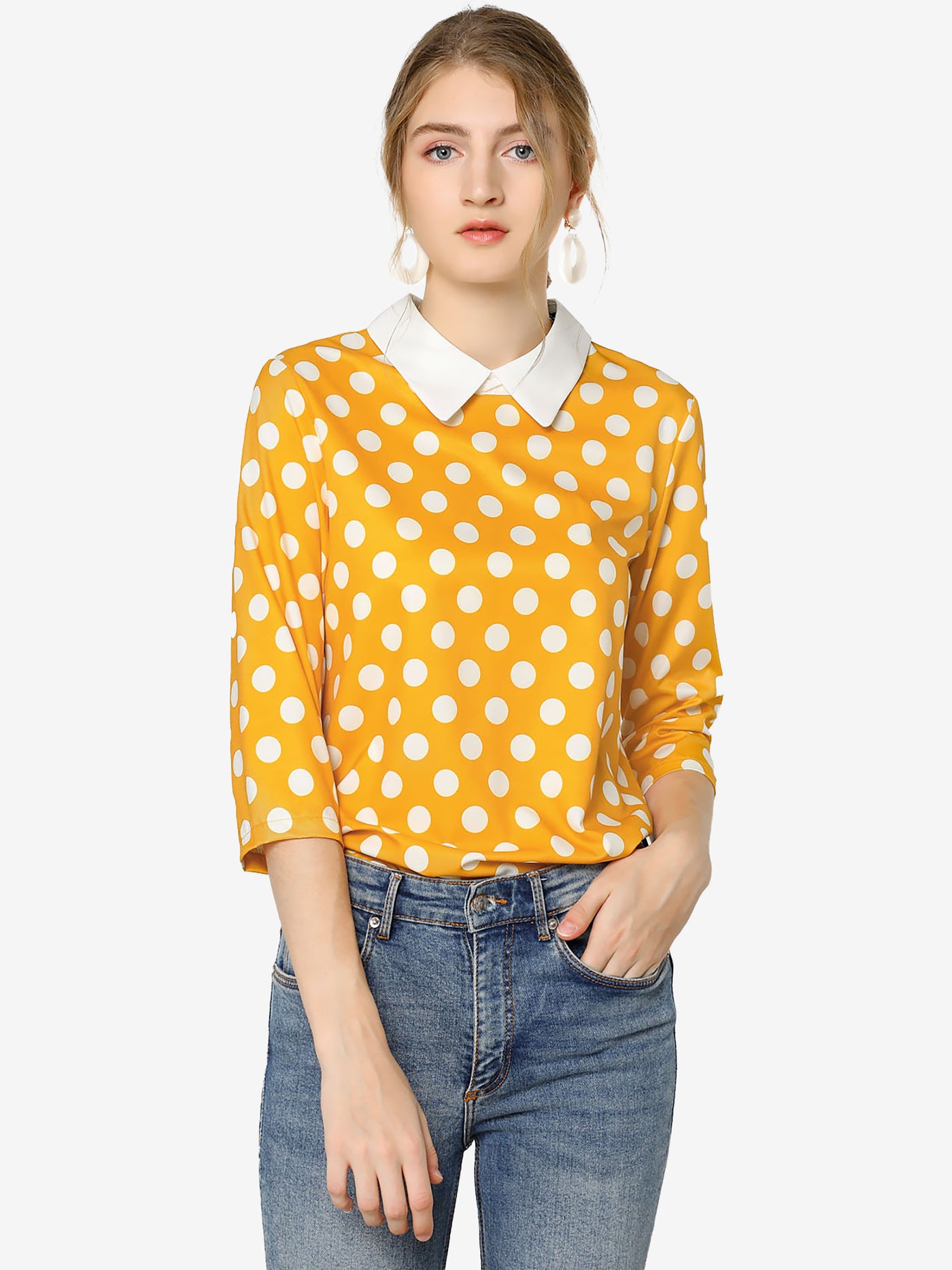 Allegra K Polka Dots Contrast Peter Pan Collar Top 3/4 Sleeve Blouse Shirt