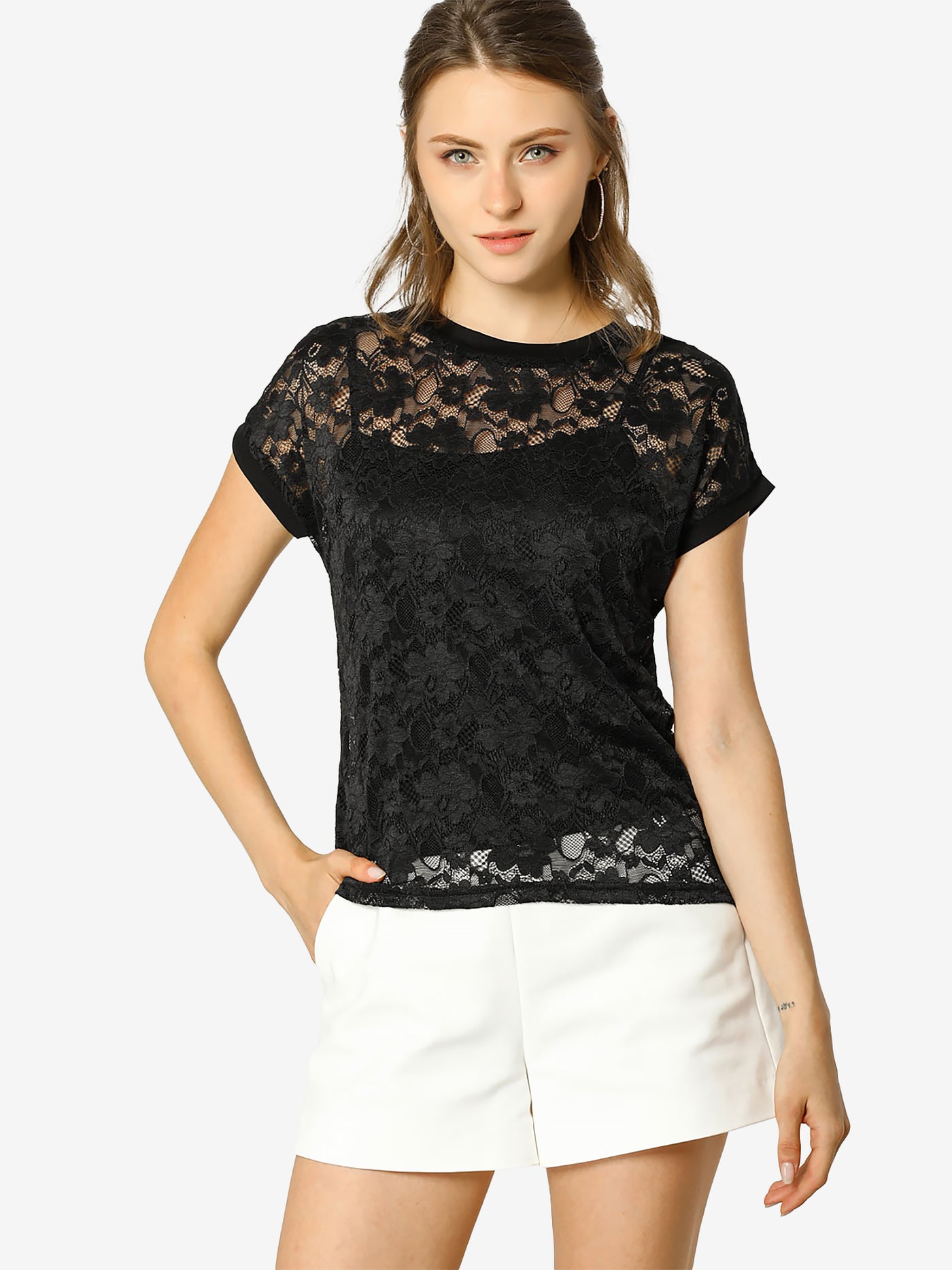 Allegra K Lace Floral Curved Hem Short Sleeve See Through Blouse