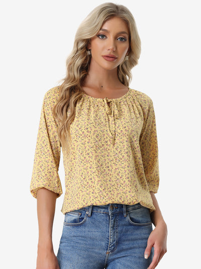 Bow Tie Neck 3/4 Raglan Sleeve Floral Blouse Tops