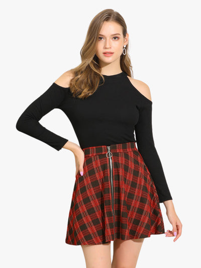 Allegra K Christmas Plaid Skater Casual Flare Zip-Up Mini Skirt