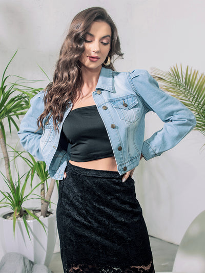 Lightweight Button Down Puff Sleeve Cropped Denim Jacket