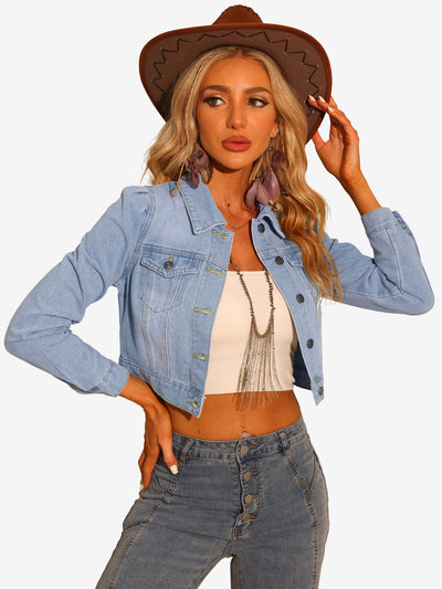 Lightweight Button Down Puff Sleeve Cropped Denim Jacket