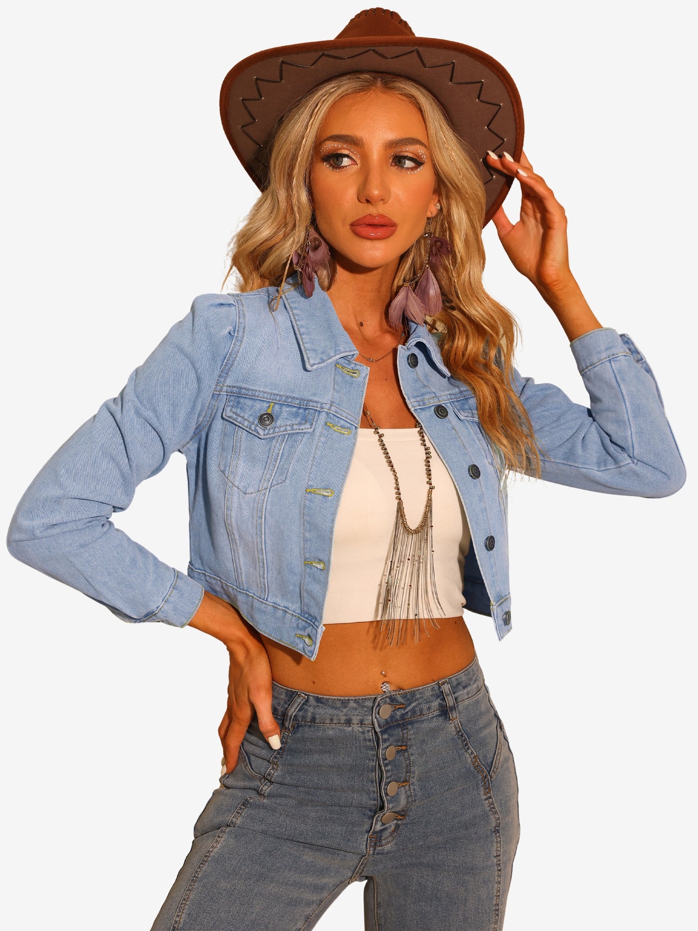 Allegra K Lightweight Button Down Puff Sleeve Cropped Denim Jacket