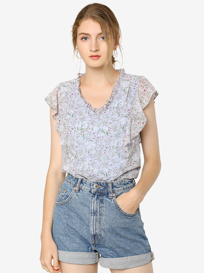Ruffle Tops Casual V Neck Cap Sleeve Floral Blouse