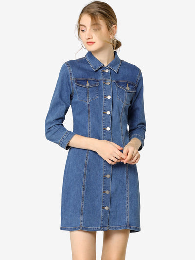 3/4 Sleeve Button Down Denim Shirt Dress