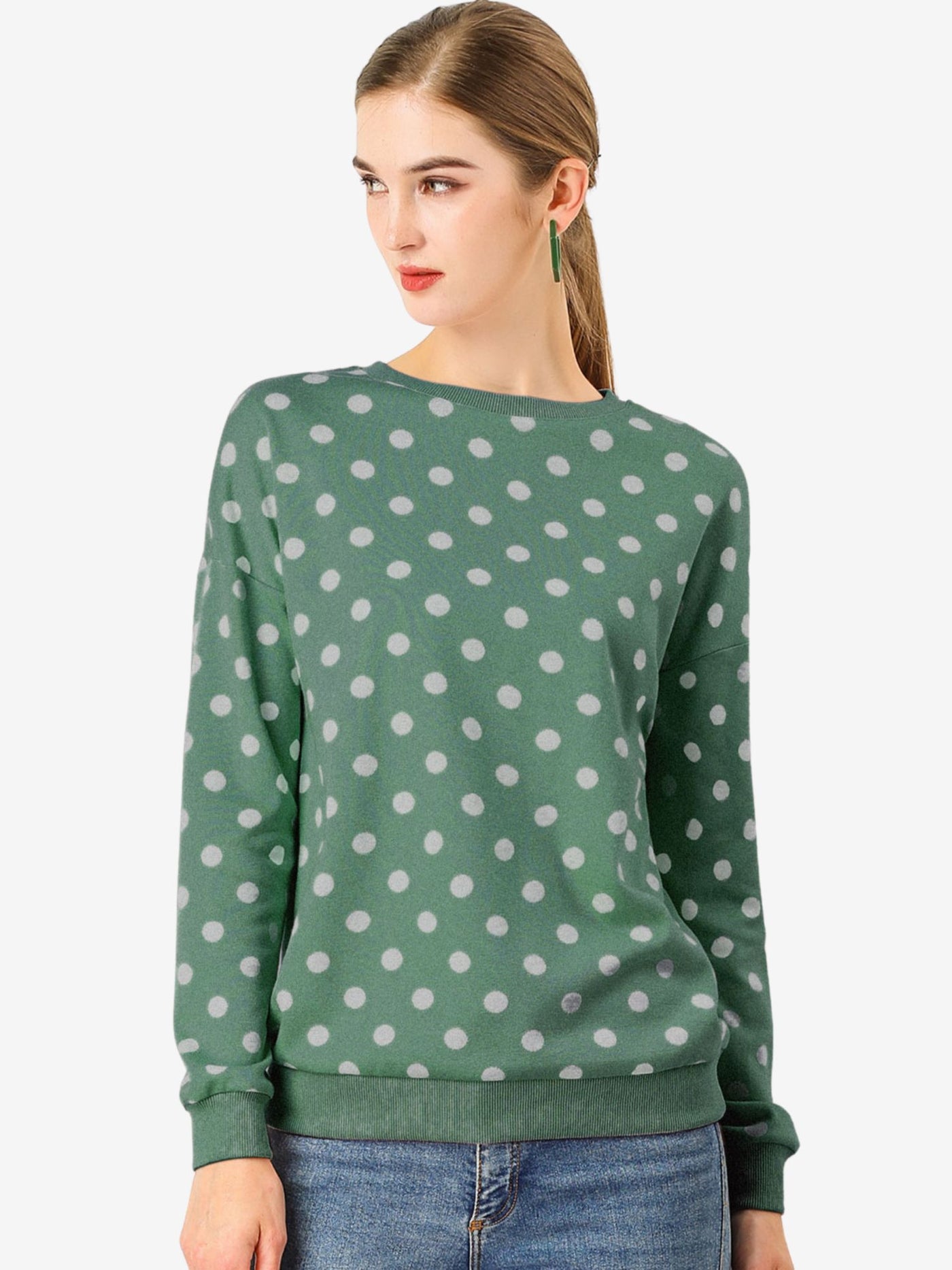 Allegra K Winter Knitted Pullover Sweatshirt Long Sleeve Polka Dot Sweater