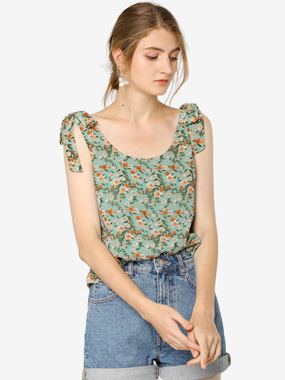 Boho Floral Print Casual Chiffon Tie Shoulders Tank Top