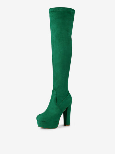 Faux Suede Platform Block Heel Over Knee High Boots