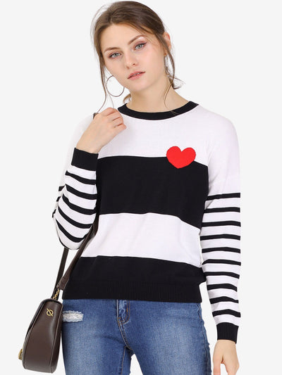 Allegra K Drop Shoulder Crew Neck Striped Color Block Knit Pullover Sweater