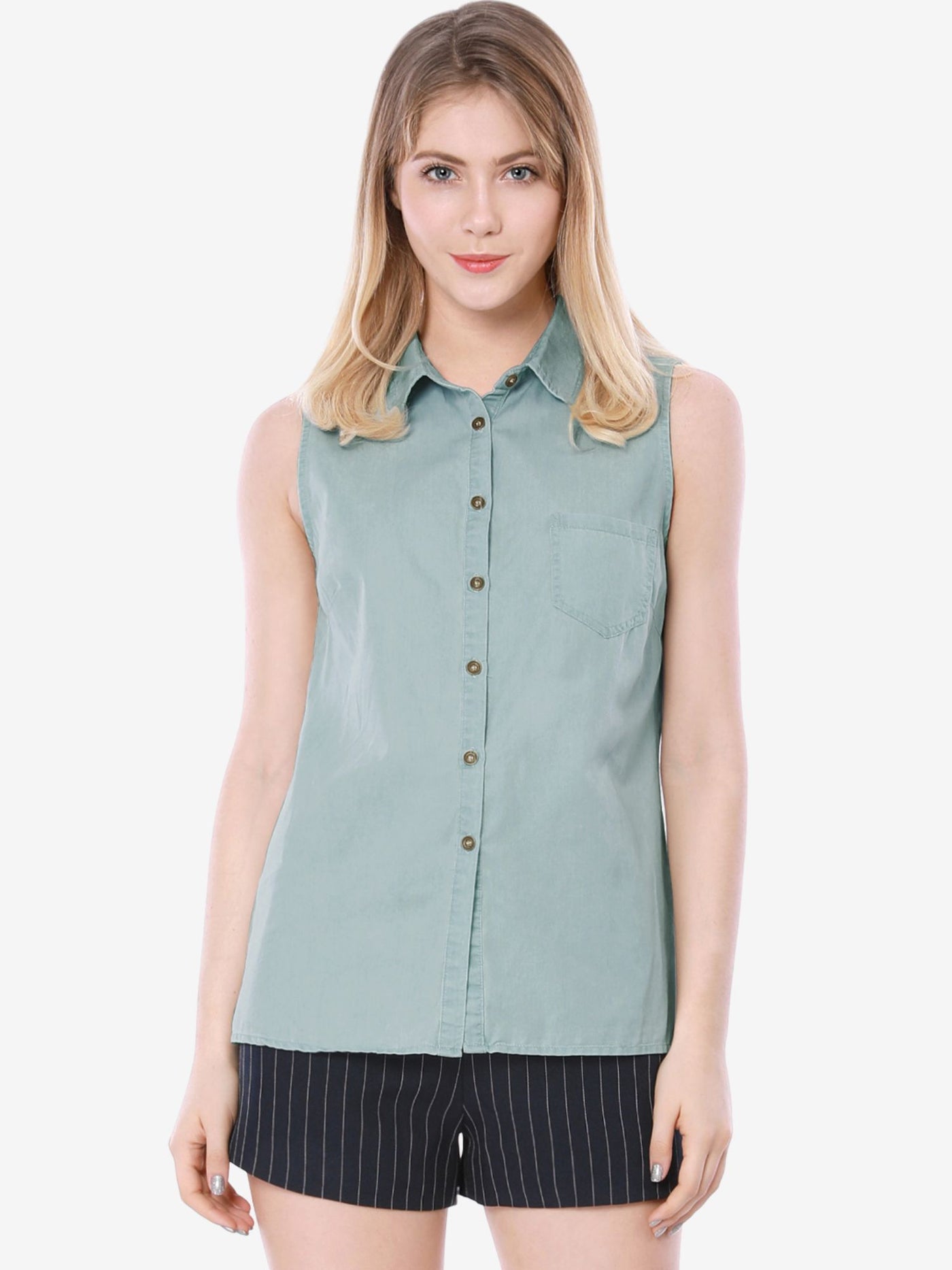 Allegra K Denim Collar Button Down Casual Office Sleeveless Shirt