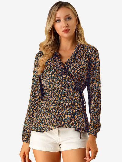 Floral V Neck Wrap Top Long Sleeve Tie Waist Ruffle Peplum Blouse