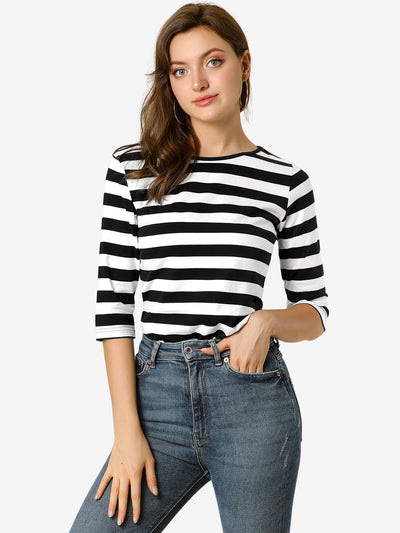Casual Elbow Sleeve Round Neck Striped Printed T-Shirt