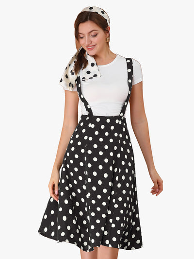 Vintage Suspender 1950s Polka Dots Flowy Midi Skirt