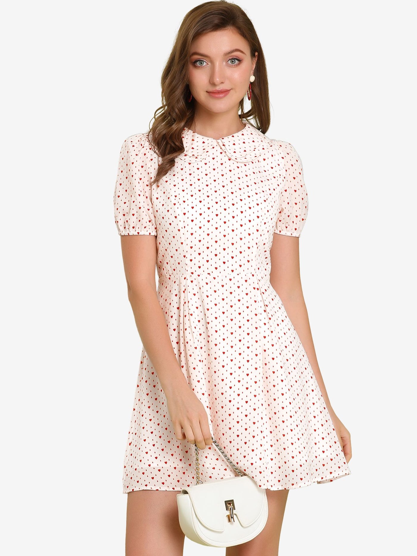 Allegra K Heart Print Short Sleeve A-Line Peter Pan Collar Mini Dress