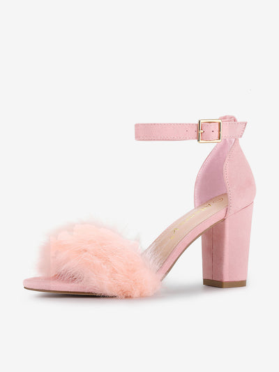 Faux Fur Ankle Strap Block Heel Sandals