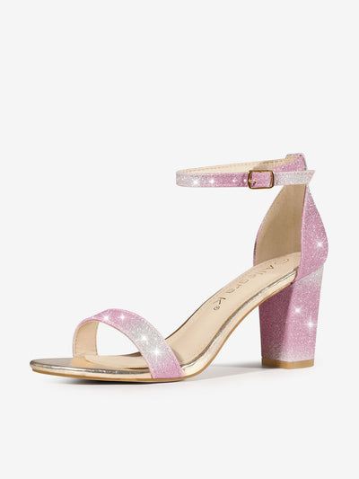 Colorful Gradient Glitter Chunky Heel Ankle Strap Sandals