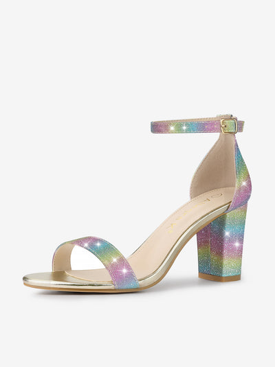 Colorful Gradient Glitter Chunky Heel Ankle Strap Sandals