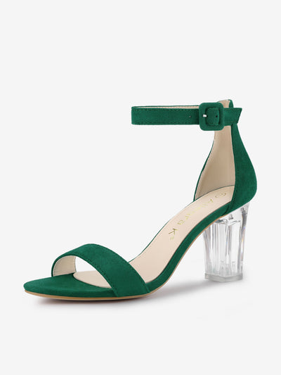 Faux Suede Open Toe Ankle Strap Clear Chunky Heel Sandals