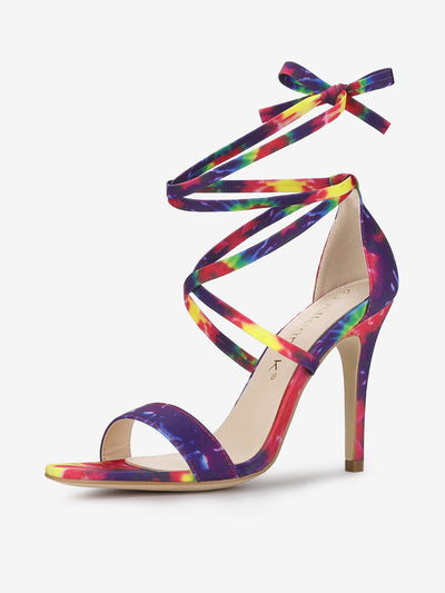 Elegant Open Toe Tie Dye Lace Up Stiletto Heel Sandals