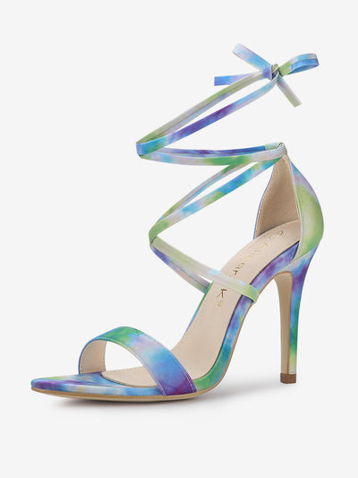 Elegant Open Toe Tie Dye Lace Up Stiletto Heel Sandals