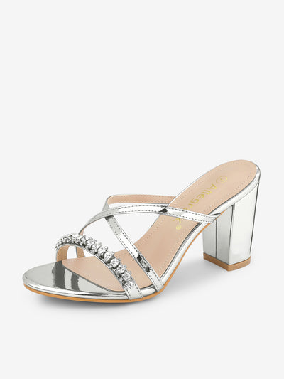 Crisscross Strap Open Toe Rhinestone Block Heel Slide Sandals