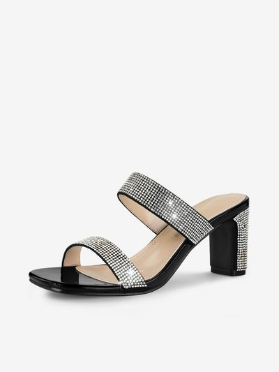 Square Open Toe Rhinestone Chunky Heel Slide Sandals