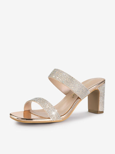 Square Open Toe Rhinestone Chunky Heel Slide Sandals