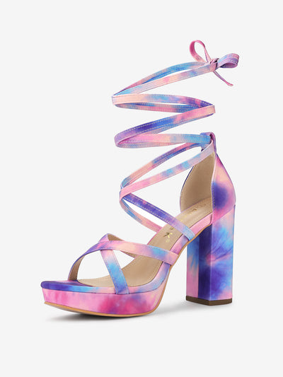 Tie Dye Platform Chunky Heel Lace Up Sandals