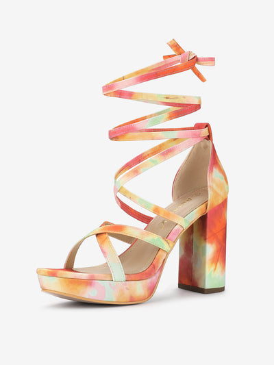 Tie Dye Platform Chunky Heel Lace Up Sandals