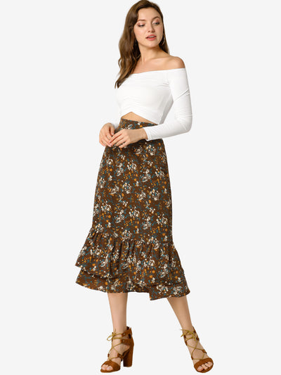 Printed Chiffon Elastic Waist Ruffle Tiered Flowy Midi Skirt