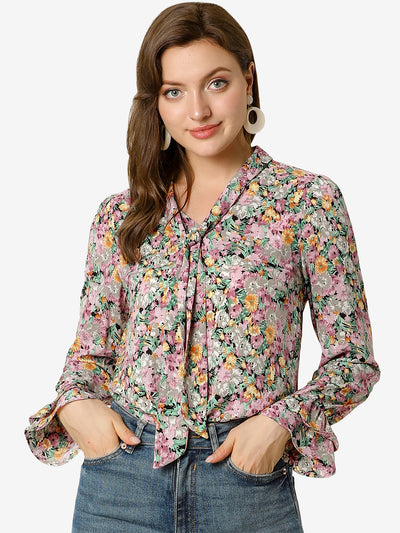 Valentine's Day Floral Tie V Neck Blouse Chiffon Ruffle Trumpet Top