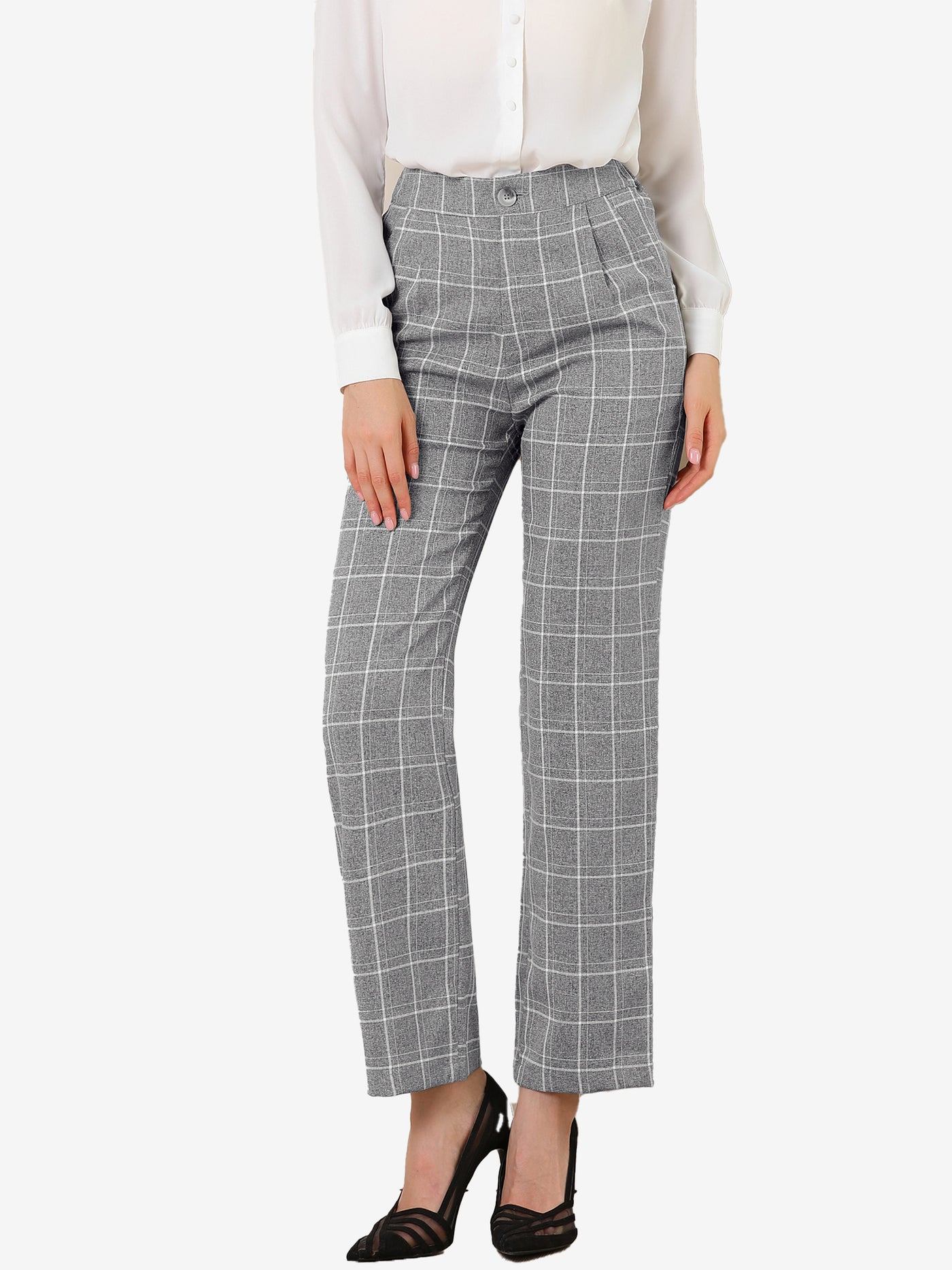 Allegra K Plaid Pants Elastic Waist Casual Work Office Long Trousers