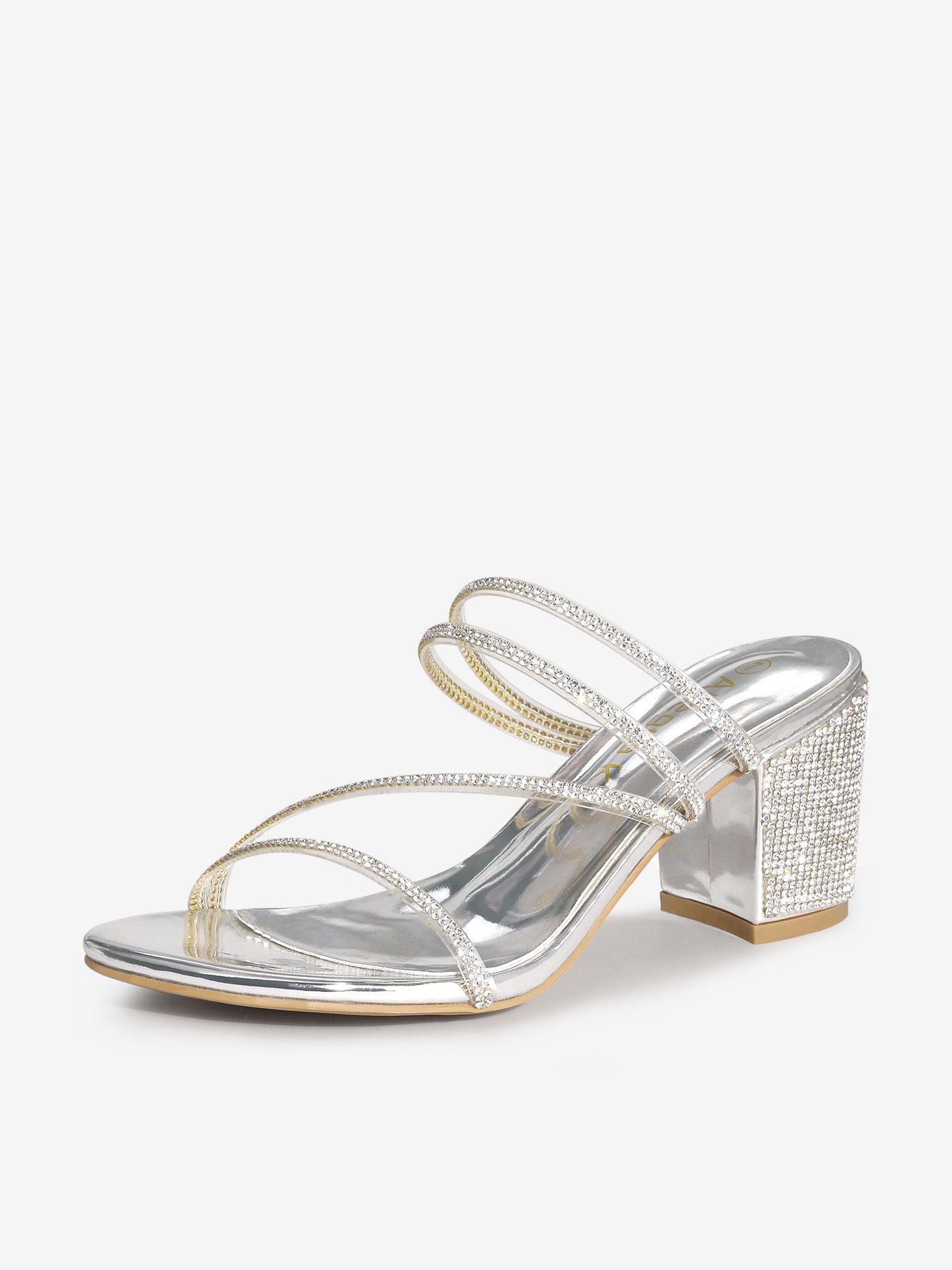 Allegra K Strappy Rhinestone Block Heel Slide Sandals