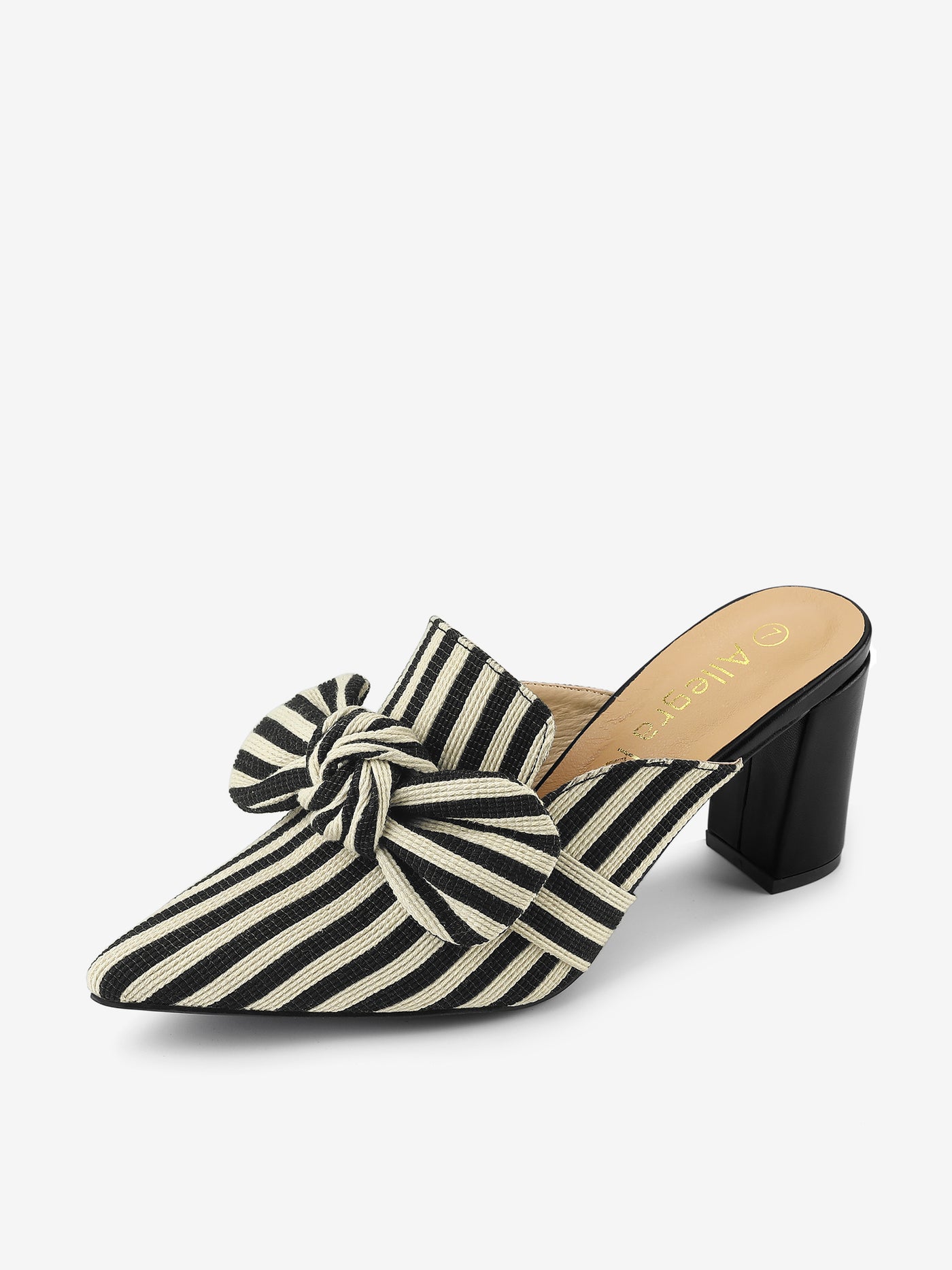 Allegra K Stripe Bow Pointed Toe Block Heel Slides Mules