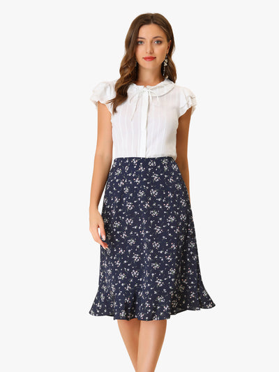 Floral Ruffle Elastic High Waist Button Flowy Split Midi Skirt