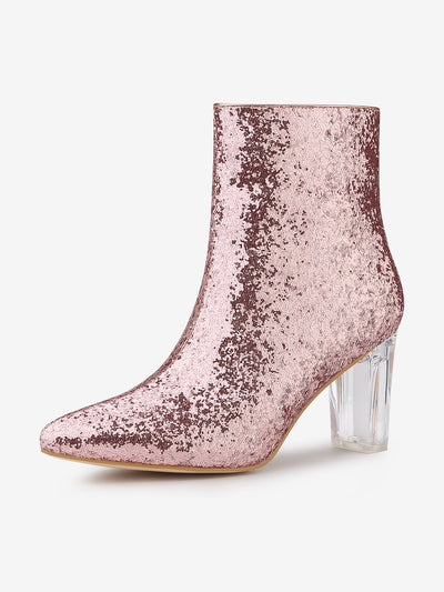 Pointed Toe Clear Block Heel Glitter Ankle Boots