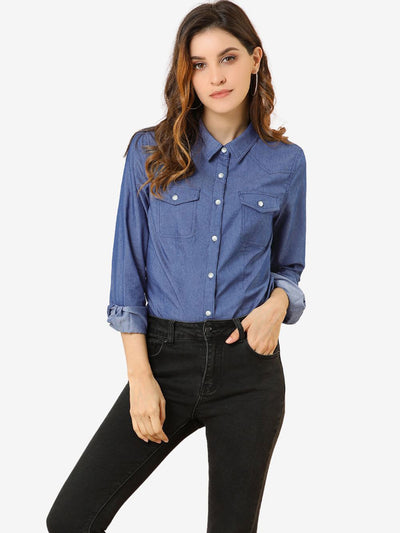 Button Down Long Sleeve Point Collar Chambray Poplin Shirt