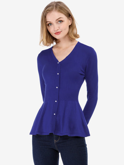 V Neck Long Sleeve Ribbed Pullover Knitted Peplum Top