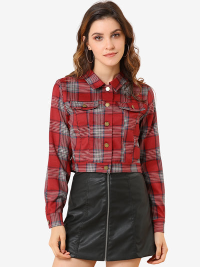 Plaid Cropped Long Sleeve Lapel Button Down Moto Jacket