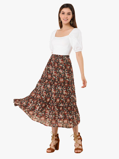 Chiffon Floral Printed Long Tiered Ruffle Boho Midi Skirt