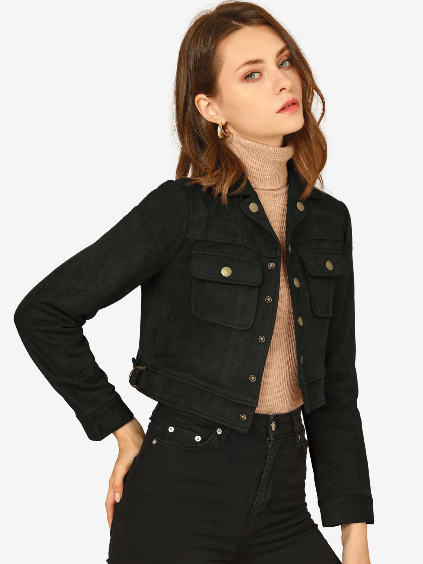 Allegra K Faux Suede Jacket Button Down Collar Pockets Crop Moto Biker Coat