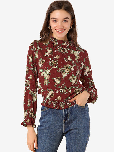 Ruffled Floral Printed Vintage Collared Smocked Waist Blouse