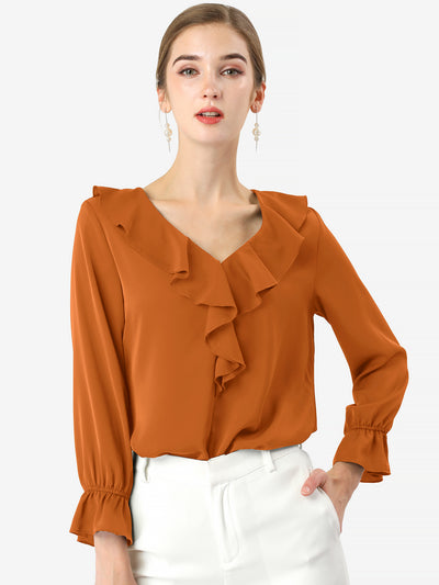 Ruffle Neck Gathered Cuff Long Sleeves Blouse