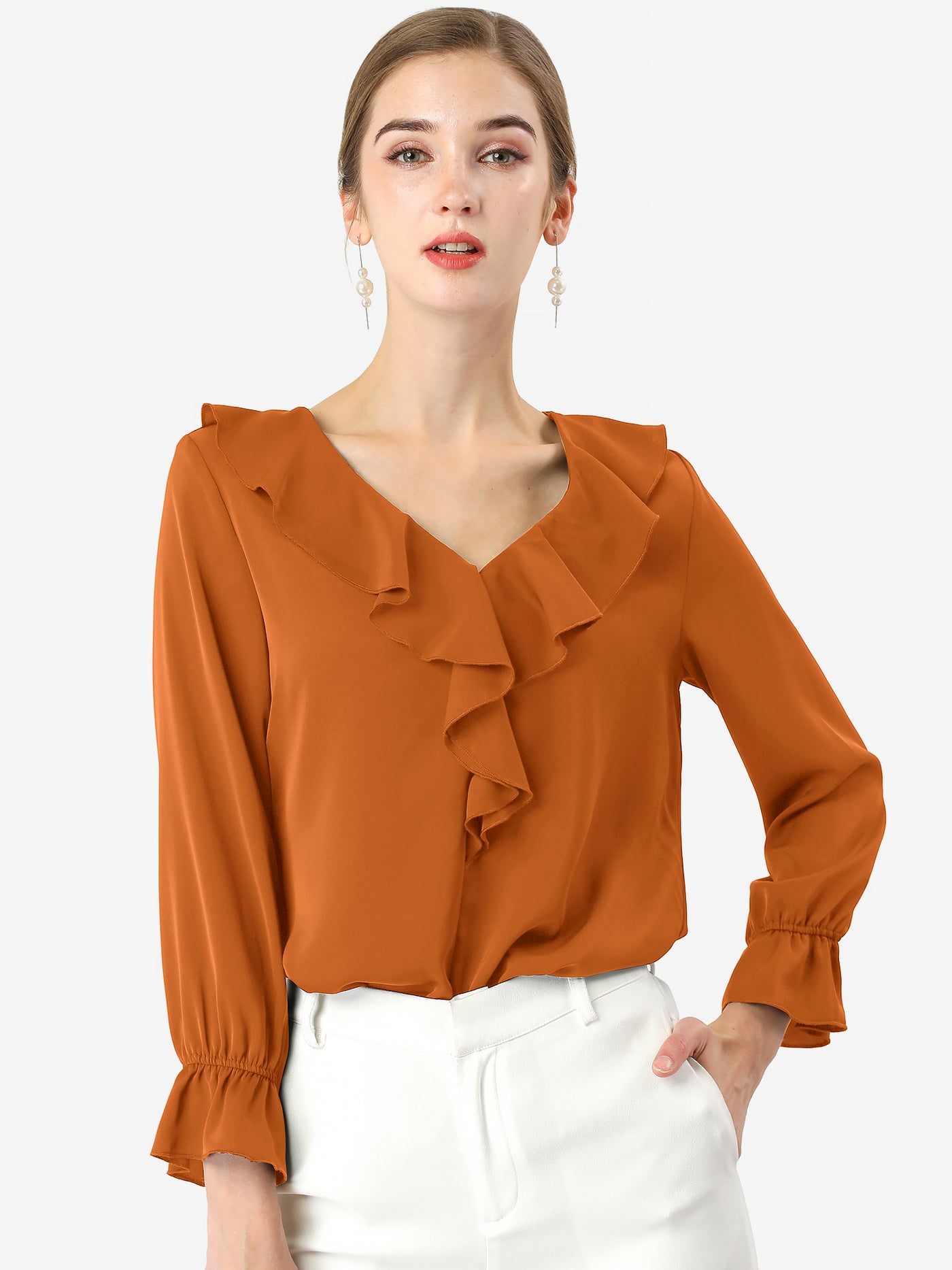 Allegra K Ruffle Neck Gathered Cuff Long Sleeves Blouse