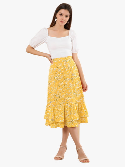 Printed Chiffon Elastic Waist Ruffle Tiered Flowy Midi Skirt