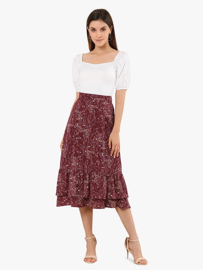 Printed Chiffon Elastic Waist Ruffle Tiered Flowy Midi Skirt