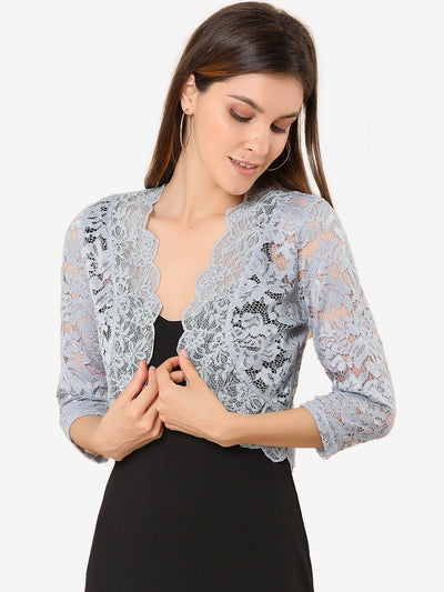 3/4 Sleeves Sheer Floral Lace Cropped Bolero Shrug