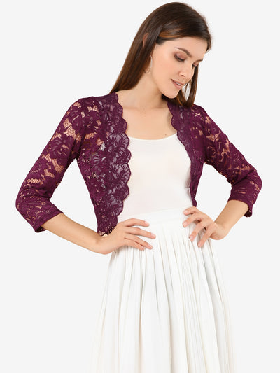 3/4 Sleeves Sheer Floral Lace Cropped Bolero Shrug